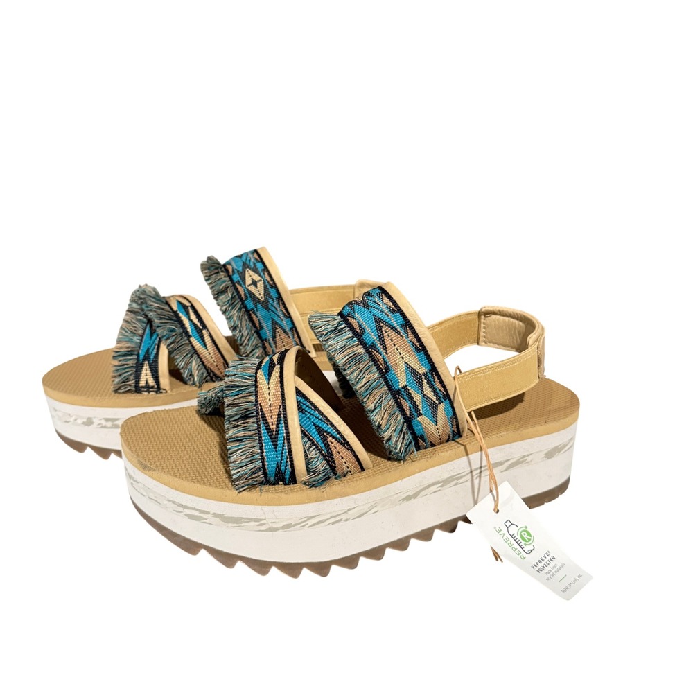Teva Flatform Universal Fringe‎ Sandals Tan Blue Geometric 1106851 Womens 7